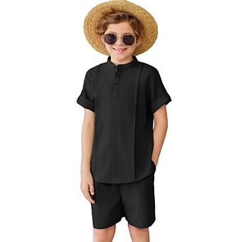 Arshiner Boys Linen Sets Short Sleeve Henley Shirt And Shorts Summer Beach Matching Outfits