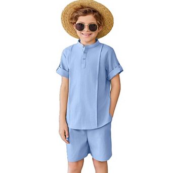 Arshiner Boys Linen Sets Short Sleeve Henley Shirt And Shorts Summer Beach Matching Outfits