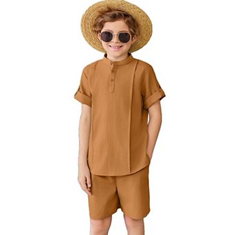 Arshiner Boys Linen Sets Short Sleeve Henley Shirt And Shorts Summer Beach Matching Outfits