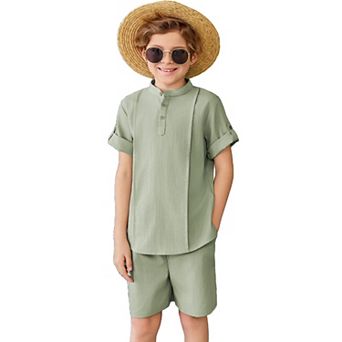 Arshiner Boys Linen Sets Short Sleeve Henley Shirt And Shorts Summer Beach Matching Outfits