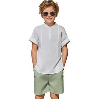 Arshiner Boys Linen Sets Short Sleeve Henley Shirt And Shorts Summer Beach Matching Outfits