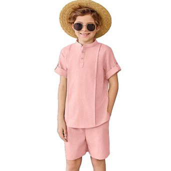 Arshiner Boys Linen Sets Short Sleeve Henley Shirt And Shorts Summer Beach Matching Outfits