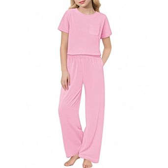 Arshiner Girls Sleepwear Short Sleeve Long Pants Pajamas Sets Soft Loungwear For Kids