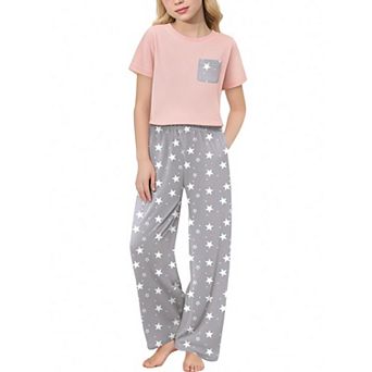 Arshiner Girls Sleepwear Short Sleeve Long Pants Pajamas Sets Soft Loungwear For Kids