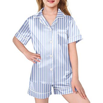 Arshiner Girls Pajamas Silk Satin Pajama Sleepwear Button Down Pajama Set Loungewear