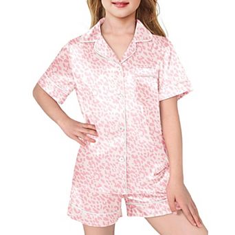 Arshiner Girls Pajamas Silk Satin Pajama Sleepwear Button Down Pajama Set Loungewear