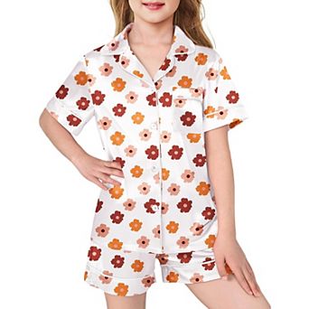 Arshiner Girls Pajamas Silk Satin Pajama Sleepwear Button Down Pajama Set Loungewear