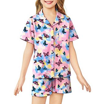 Arshiner Girls Pajamas Sets Short Sleeve Kids Pajamas Button Down Sleepwear Small Flowers