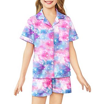 Arshiner Girls Pajamas Sets Short Sleeve Kids Pajamas Button Down Sleepwear Small Flowers