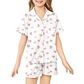 Arshiner Girls Pajamas Sets Short Sleeve Kids Pajamas Button Down Sleepwear Small Flowers