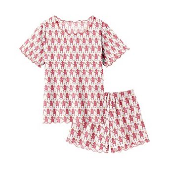 Arshiner Girls Pajama Set Short Sleeve Lounge Set Soft Shirring Summer Sleepwear Pajama Sets Flowers