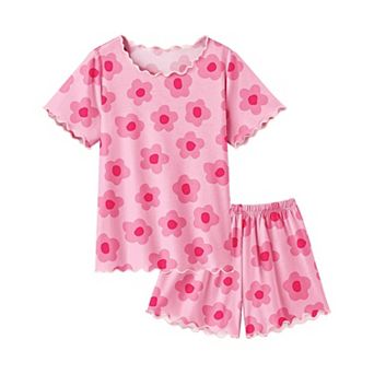 Arshiner Girls Pajama Set Short Sleeve Lounge Set Soft Shirring Summer Sleepwear Pajama Sets Flowers