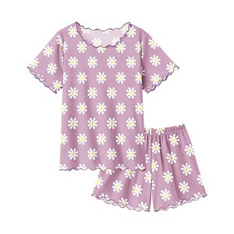 Arshiner Girls Pajama Set Short Sleeve Lounge Set Soft Shirring Summer Sleepwear Pajama Sets Flowers