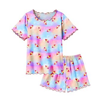 Arshiner Girls Pajama Set Short Sleeve Lounge Set Soft Shirring Summer Sleepwear Pajama Sets Flowers