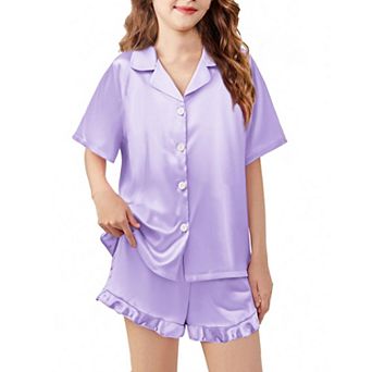 Arshiner Girls Pajamas Silk Satin Pajama Set Piece Button Down Pajamas Ruffle Sleepwear