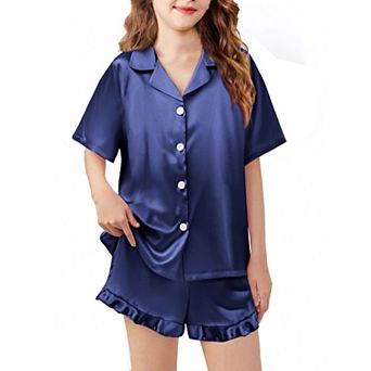 Arshiner Girls Pajamas Silk Satin Pajama Set Piece Button Down Pajamas Ruffle Sleepwear