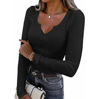 Ekouaer Long Sleeve Shirts V Neck Basic Ribbed T Shirt Thermal Undershirts Slim Fit Casual Tee Tops