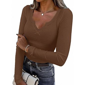 Ekouaer Long Sleeve Shirts V Neck Basic Ribbed T Shirt Thermal Undershirts Slim Fit Casual Tee Tops