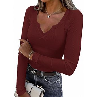 Ekouaer Long Sleeve Shirts V Neck Basic Ribbed T Shirt Thermal Undershirts Slim Fit Casual Tee Tops