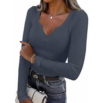 Ekouaer Long Sleeve Shirts V Neck Basic Ribbed T Shirt Thermal Undershirts Slim Fit Casual Tee Tops