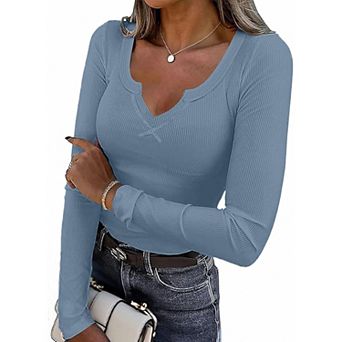 Ekouaer Long Sleeve Shirts V Neck Basic Ribbed T Shirt Thermal Undershirts Slim Fit Casual Tee Tops
