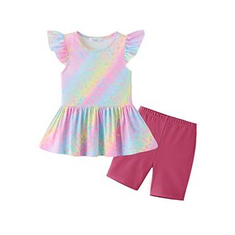 Arshiner Girls Piece Outfit Biker Shorts And Flutter Sleeve Peplum Tunic Tropical Trendy Lightweight