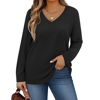 Zeagoo Womens Plus Size Long Sleeve Shirts V Neck Basic Tee Tops Loose Fit Fall Outfits for Women