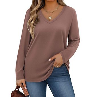 Zeagoo Womens Plus Size Long Sleeve Shirts V Neck Basic Tee Tops Loose Fit Fall Outfits for Women