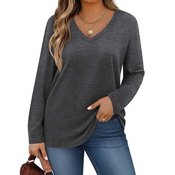 Zeagoo Womens Plus Size Long Sleeve Shirts V Neck Basic Tee Tops Loose Fit Fall Outfits for Women