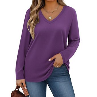 Zeagoo Womens Plus Size Long Sleeve Shirts V Neck Basic Tee Tops Loose Fit Fall Outfits for Women
