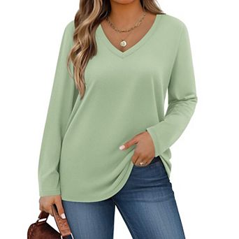 Zeagoo Womens Plus Size Long Sleeve Shirts V Neck Basic Tee Tops Loose Fit Fall Outfits for Women