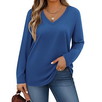 Zeagoo Womens Plus Size Long Sleeve Shirts V Neck Basic Tee Tops Loose Fit Fall Outfits for Women