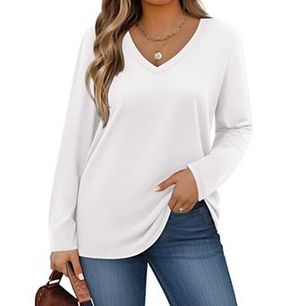 Zeagoo Womens Plus Size Long Sleeve Shirts V Neck Basic Tee Tops Loose Fit Fall Outfits for Women