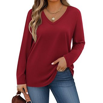 Zeagoo Womens Plus Size Long Sleeve Shirts V Neck Basic Tee Tops Loose Fit Fall Outfits for Women
