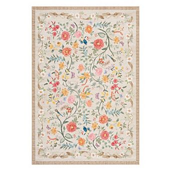 Washable Boho Floral Area Rug - Soft Low Pile Non-Shedding Carpet in Beige for Living Room
