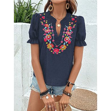 Women's Floral Embroidered Blouse, Boho V Neck Short Sleeve Swiss Dot Top