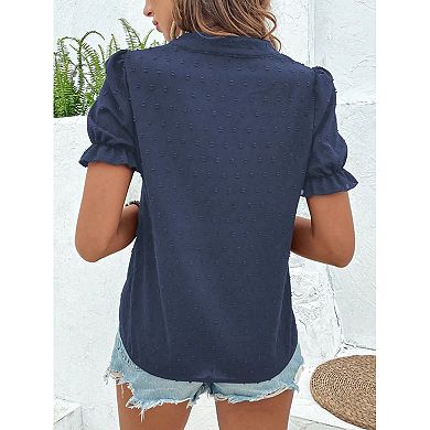 Women's Floral Embroidered Blouse, Boho V Neck Short Sleeve Swiss Dot Top