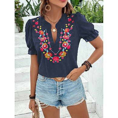 Women's Floral Embroidered Blouse, Boho V Neck Short Sleeve Swiss Dot Top