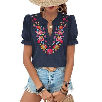 Women's Floral Embroidered Blouse, Boho V Neck Short Sleeve Swiss Dot Top