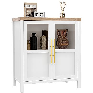 Sideboard Buffet Cabinet with 2 Glass Doors, Farmhouse Coffee Bar Console Table for Kitchen