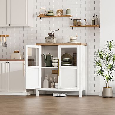 Sideboard Buffet Cabinet with 2 Glass Doors, Farmhouse Coffee Bar Console Table for Kitchen