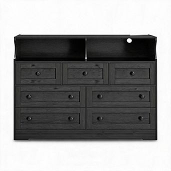 Dresser for Bedroom with 7 Drawers, LED Lights & Charging Station, Wooden Chest