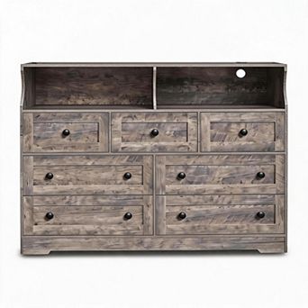 Dresser for Bedroom with 7 Drawers, LED Lights & Charging Station, Wooden Chest