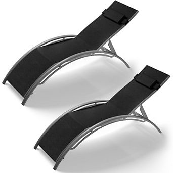 2 pc Aluminum Outdoor Chaise Lounge Adjustable Backrest Weather Resistant Pool Recliner