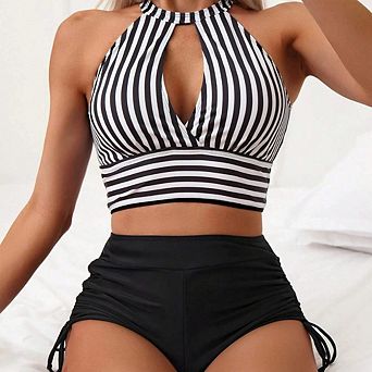 Women's Striped High Neck Tankini Set with Keyhole and Drawstring Bottoms