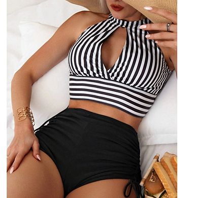 Women's Striped High Neck Tankini Set with Keyhole and Drawstring Bottoms