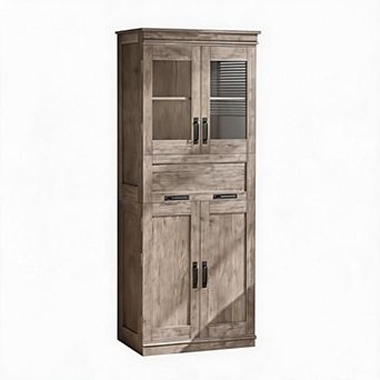 Bathroom Storage Cabinet，4 Doors & Flip Glass Drawer, Freestanding Organizer with Adjustable Shelves