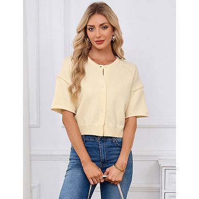 Women's Crew Neck Short Sleeve Button Knit Cardigan Sweater