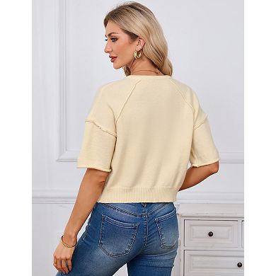 Women's Crew Neck Short Sleeve Button Knit Cardigan Sweater