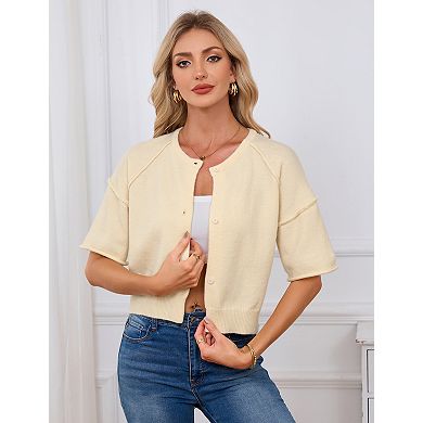 Women's Crew Neck Short Sleeve Button Knit Cardigan Sweater